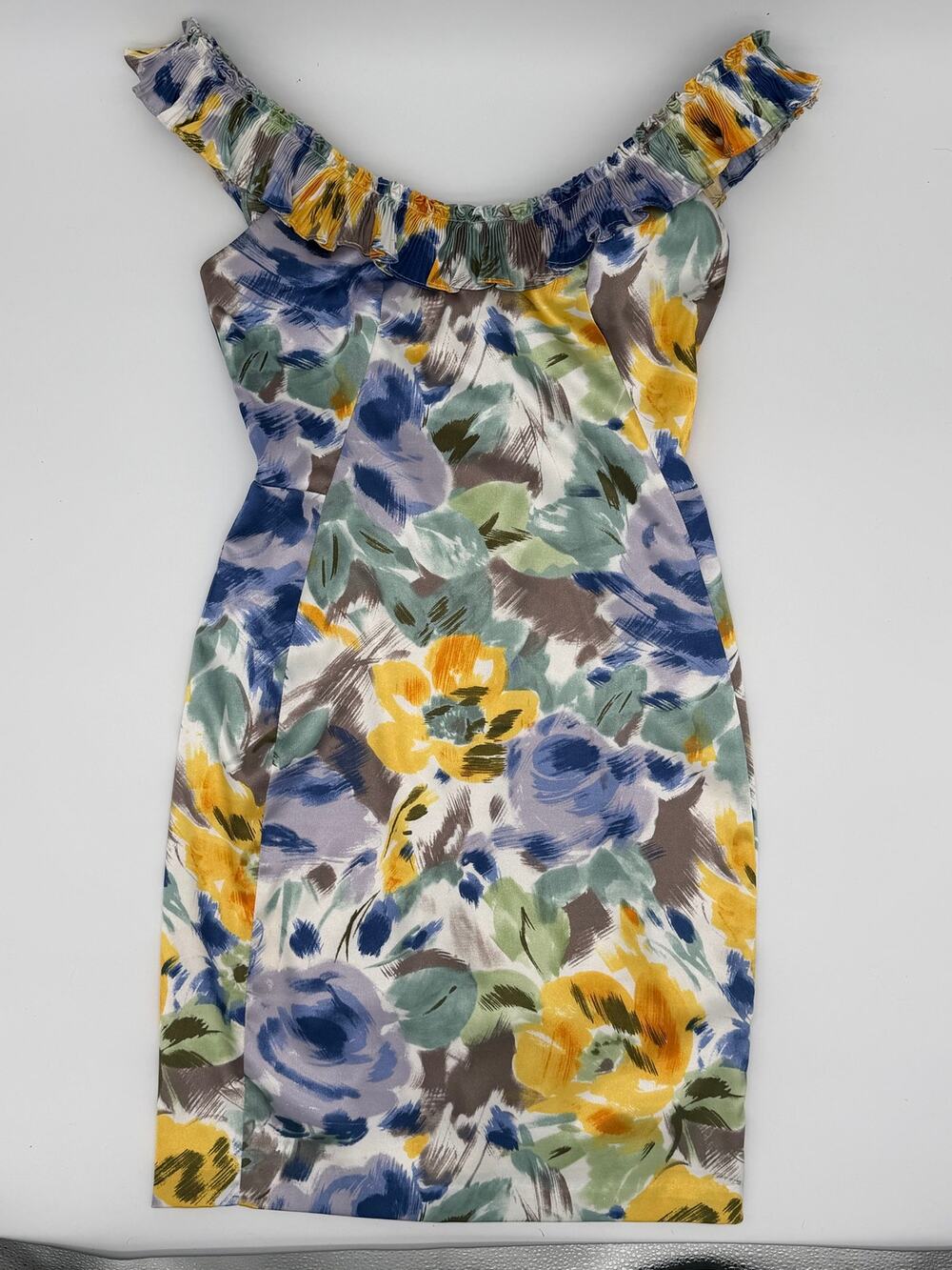 Maggy London satin ruffled neck floral print mini dress 4